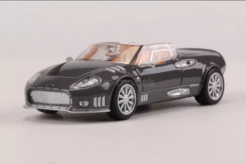 1/64 scale dark gray diecast sports car model, silver wheels, front 3/4