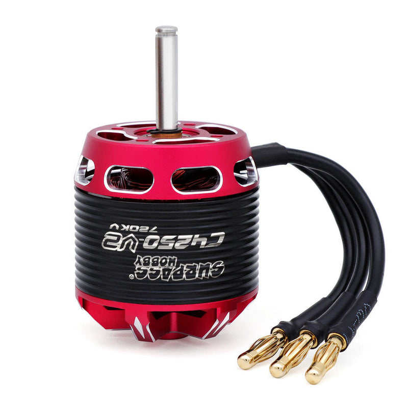 Brushless outrunner motor with red and black housing, mounting shaft and 3-pin leads