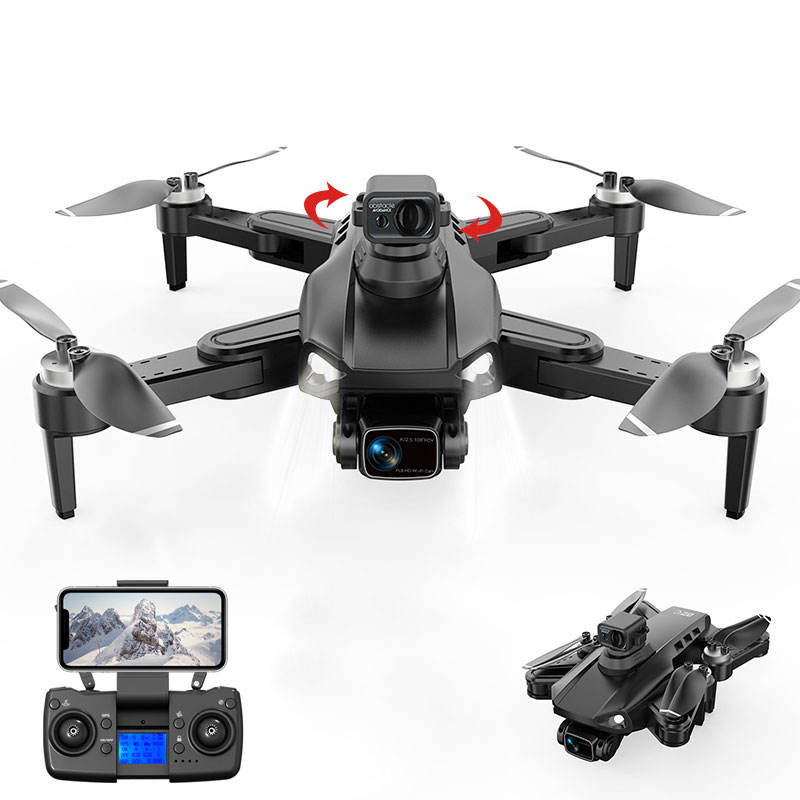 Black quadcopter drone with 4 rotors and front 4K camera, plus controller and phone