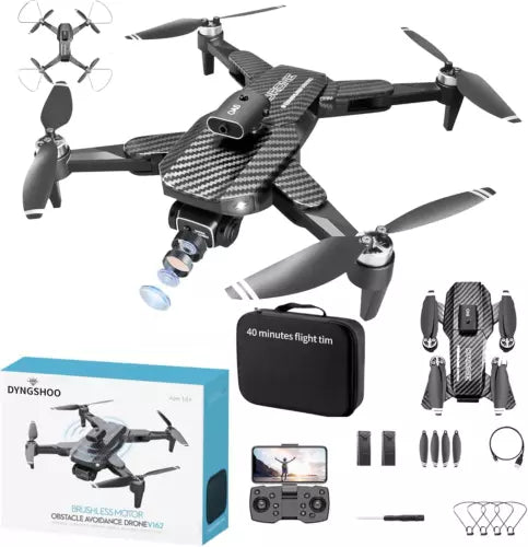Foldable FPV quadcopter drone with four propellers, remote controller and accessories