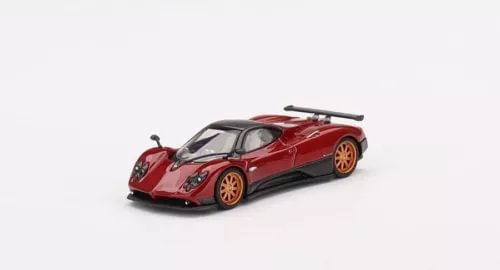 MINI GT 1/64 Pagani Zonda F diecast car in red with black accents, front 3/4