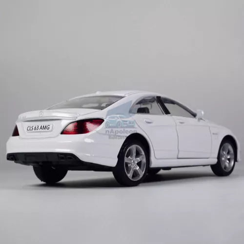 White 1:36 Mercedes-Benz CLS63 AMG model car, rear 3/4 view, alloy diecast toy vehicle