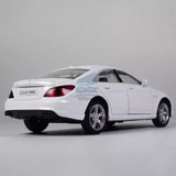 White 1:36 Mercedes-Benz CLS63 AMG model car, rear 3/4 view, alloy diecast toy vehicle