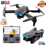 Foldable dark gray quadcopter drone with front camera and blue LED lights