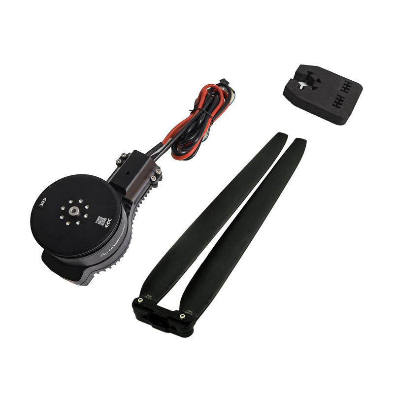 Drone motor power system kit with propeller blades, wiring, and control module