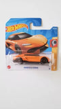 Diecast toy car model in retail box, orange sports car with black hood and front grille