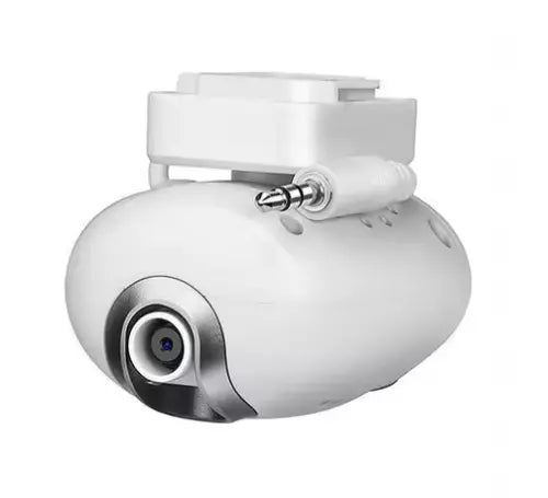 White camera drone front with wide lens and gimbal-style mount