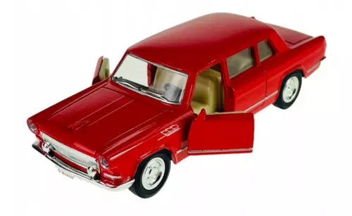 Red diecast Chinese limousine model car toy, front and side with open door