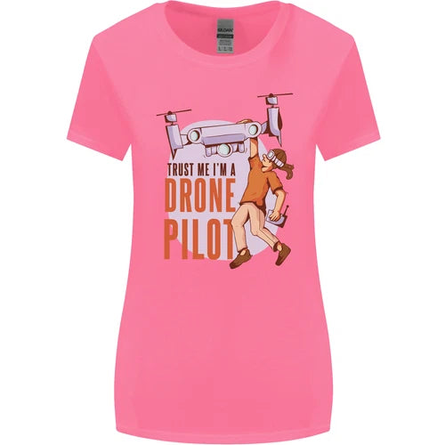 Women's pink wide-cut T-shirt with front drone pilot graphic and slogan