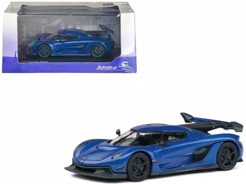 Koenigsegg Jesko diecast model car, blue metallic with rear wing, front three-quarter view