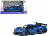 Koenigsegg Jesko diecast model car, blue metallic with rear wing, front three-quarter view
