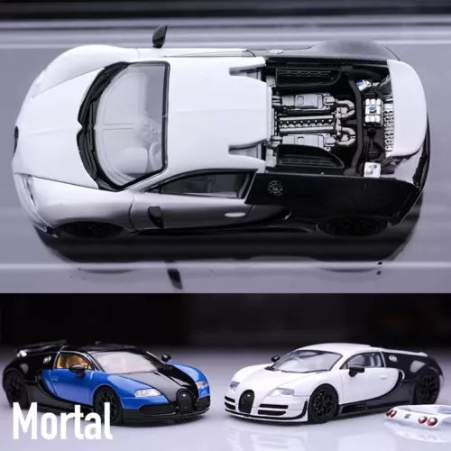 1:64 diecast model car toy, white Bugatti Veyron with open hood and visible engine