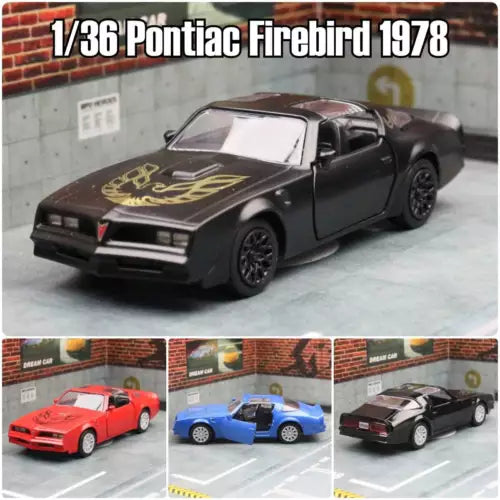 Dark gray diecast model car with hood graphic, front three-quarter view.