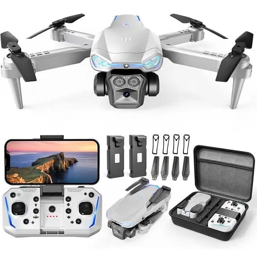 White quadcopter drone with camera, controller screen, and accessory case