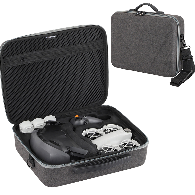 Gray EVA carrying case with zip, foam compartments for drone body and accessories
