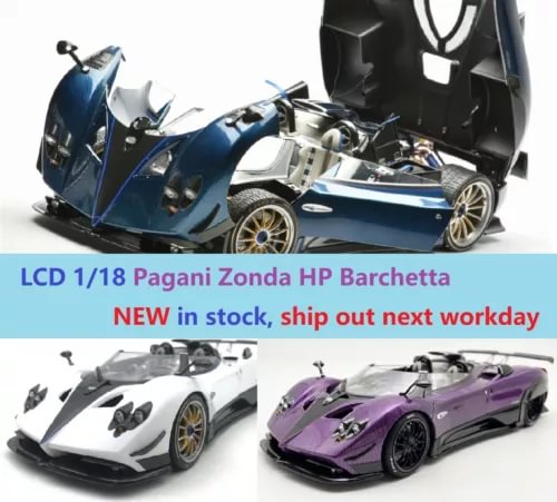 Blue 1/18 scale Pagani Zonda HP Barchetta diecast car with open doors and hood