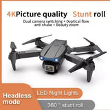 Toy quadcopter drone with dual camera, four propellers, and blue LED lights