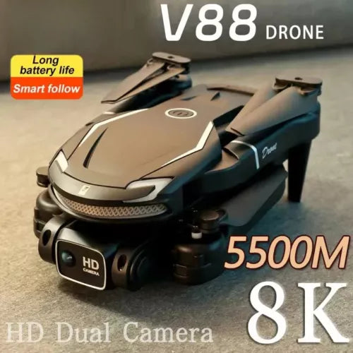 Beige and black quadcopter toy drone with front dual camera and four rotors