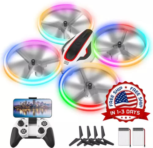 LED light HD FPV drone with camera, colorful ring prop lights and remote controller