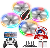 LED light HD FPV drone with camera, colorful ring prop lights and remote controller