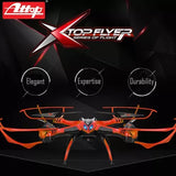 Orange and gray quadcopter remote control drone with four propellers and camera
