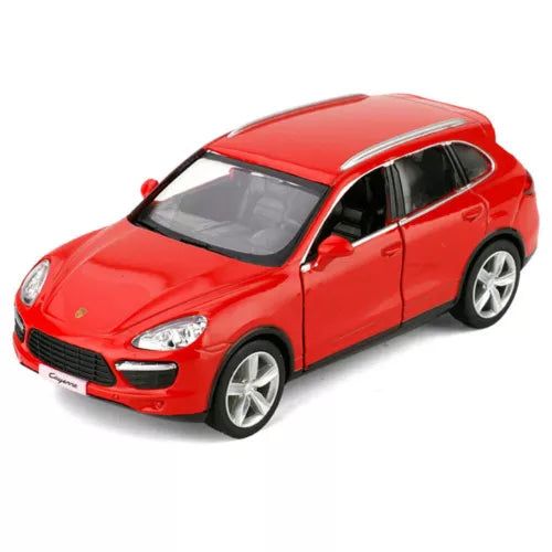 Red diecast model car with black windows, front-left 3/4 view, metal toy pull-back