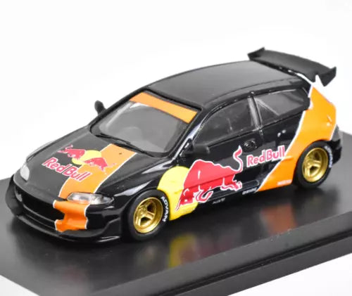 1:64 JDM racing diecast model car, black with yellow accents and Red Bull decals