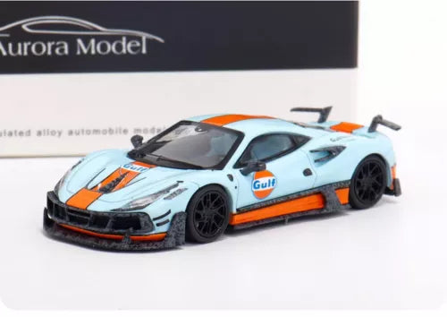 1/64 scale diecast sports car model, light blue with orange Gulf accents
