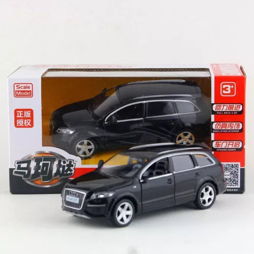 Diecast SUV model toy car, dark gray with silver wheels, in retail box