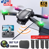 Foldable grey quadcopter drone with dual camera and four illuminated propellers