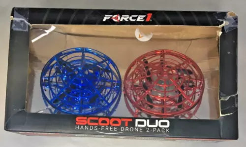 Duo drone set in retail box, blue and red circular drones with multicolor lights