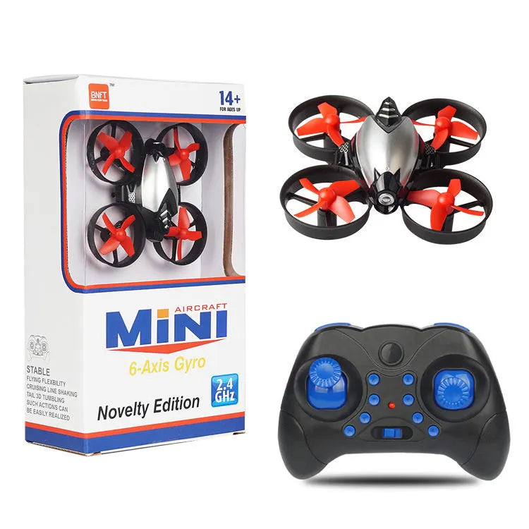 Mini 6-axis remote control drone with four red rotors and black controller