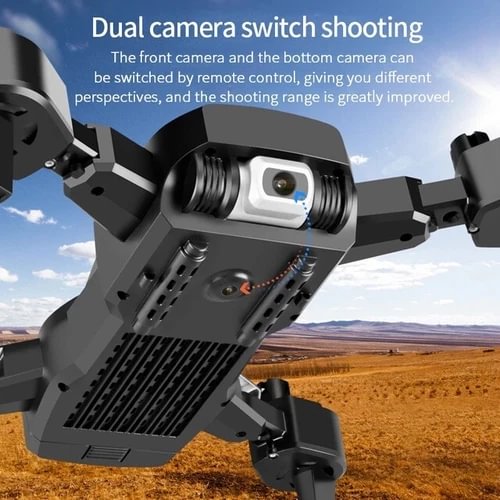 Dual-camera 4K drone with front and bottom camera modules, dark gray body