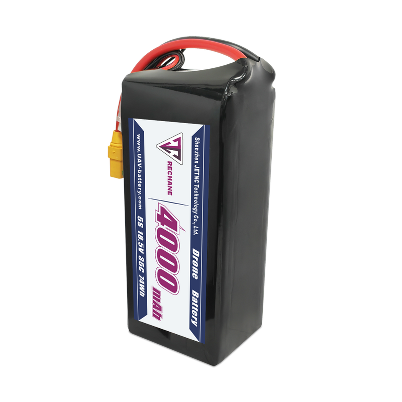 Drone LiPo battery pack with black casing, red and yellow leads, label on front