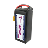 Drone LiPo battery pack with black casing, red and yellow leads, label on front
