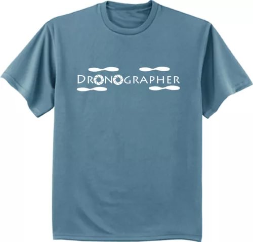 Blue crew-neck t-shirt with Dronographer logo text on the chest