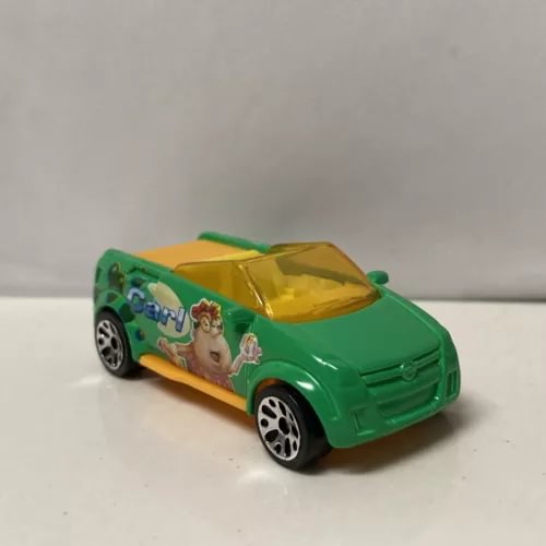 Diecast collectible model car with green body, yellow hood, and character side graphics