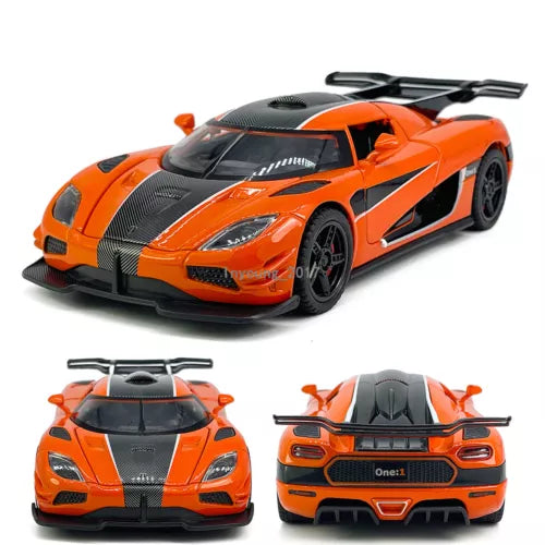 Orange diecast toy car model with black stripes and hood vents