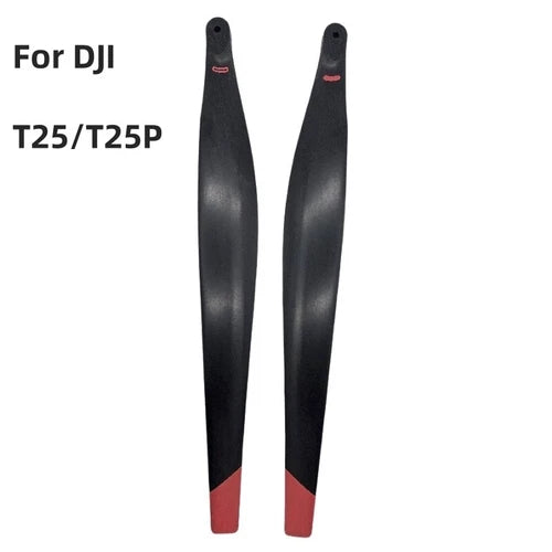 Pair of carbon drone propellers, black with red tip accents