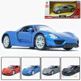 Blue alloy diecast sports car toy, front 3/4 view with door open