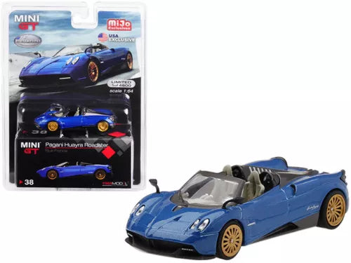 Blue 1/64 diecast roadster model car with gold wheels