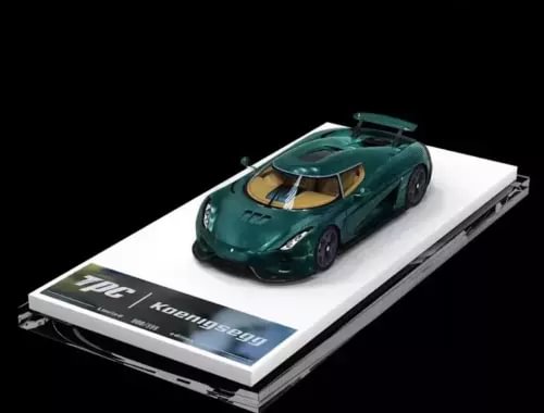 Green diecast racing sports car model, front 3/4 view with open hood