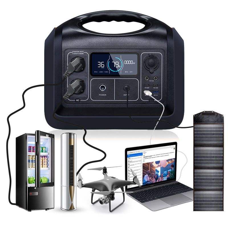 Portable power station with digital display, ports, and connected solar panel charger
