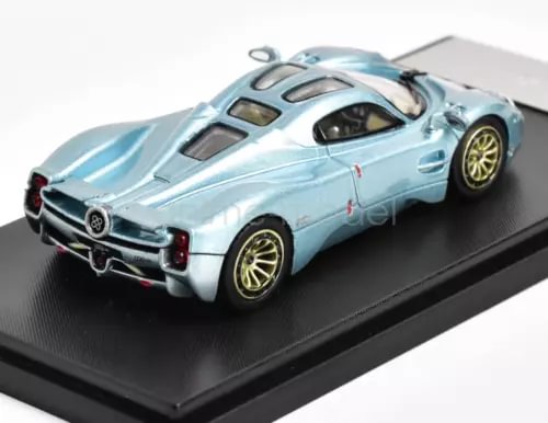 Ice blue racing sports diecast metal car, rear 3/4 view