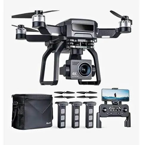 4K camera drone with front camera, four propellers, and controller, plus carrying bag