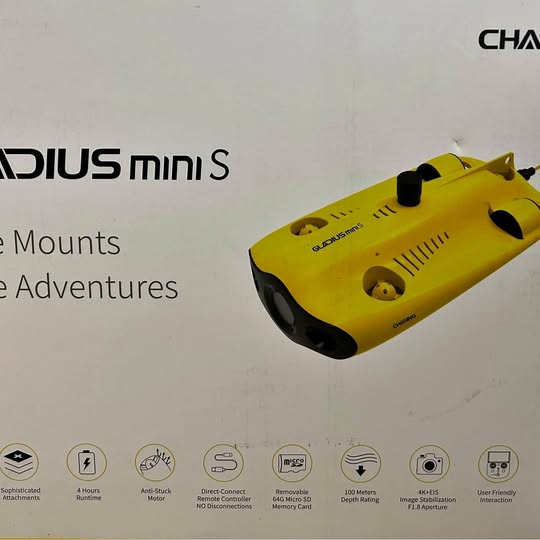 Yellow underwater drone camera with forward-looking lens pods
