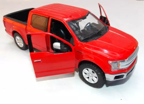 Red diecast F-150 crew cab pickup with front door open, front 3/4 view