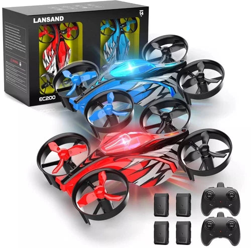 Two mini quadcopter drones, blue and red with four rotors each, remote controller set