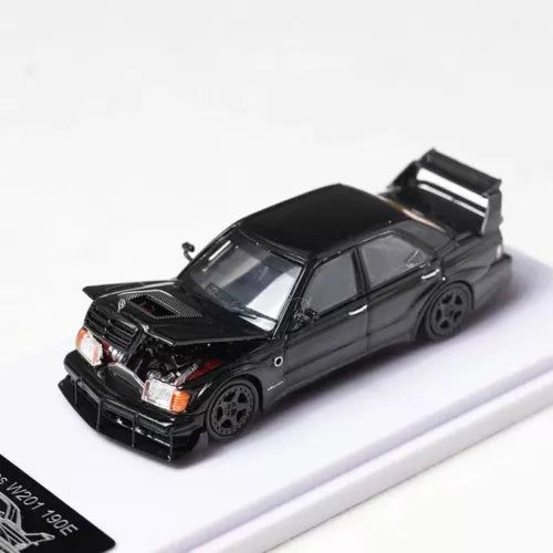 Black 1:64 diecast sports sedan model car toy, front view with hood open.