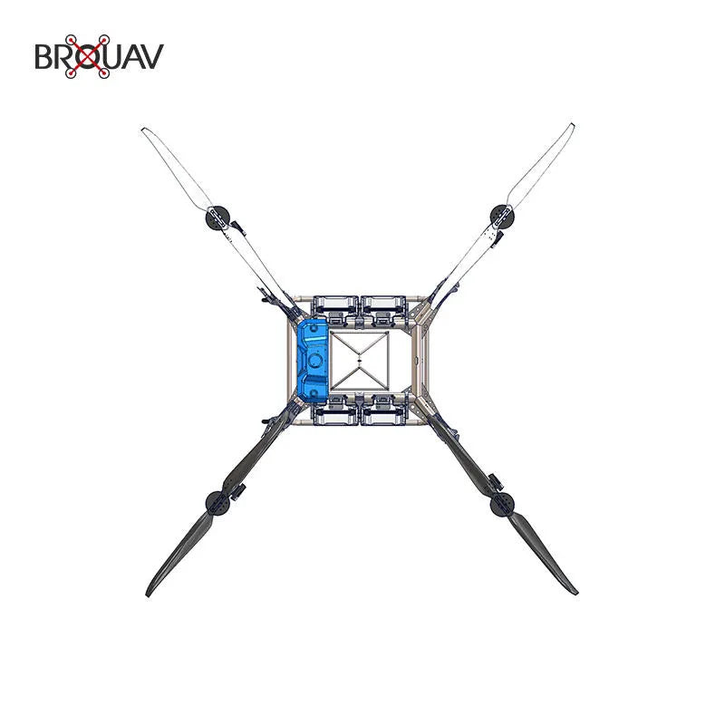 BROUAV quadcopter drone frame with blue panel and four arms, propellers visible
